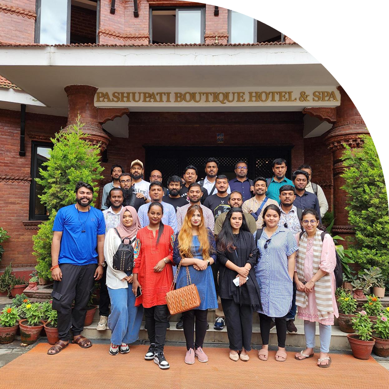 Team outing in front of building